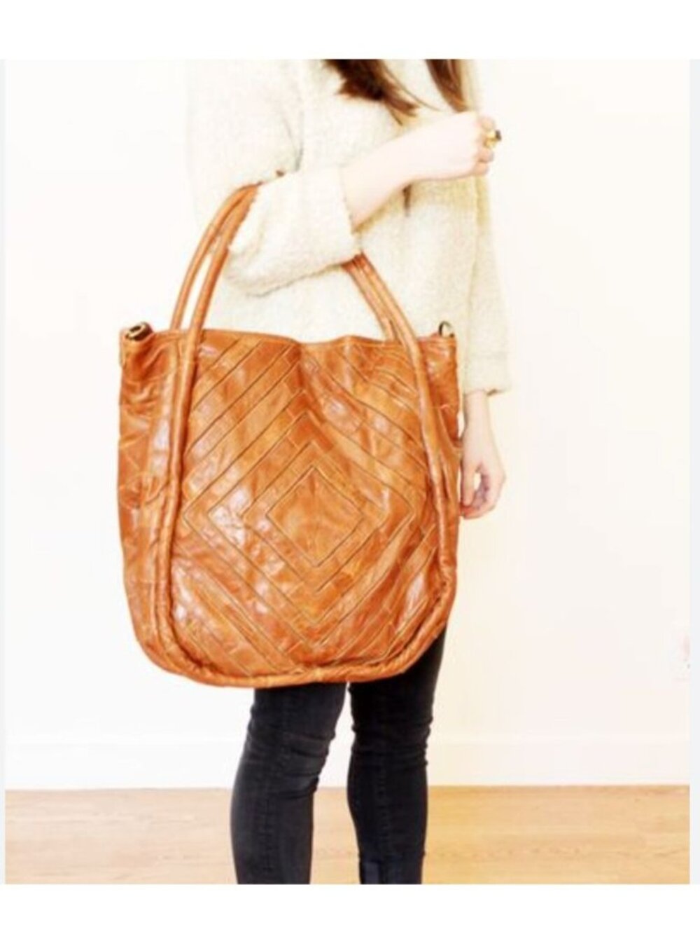 Vintage 90s Lost & Found Large Leather Boho Tote Shoulder Bag Geometric Brown